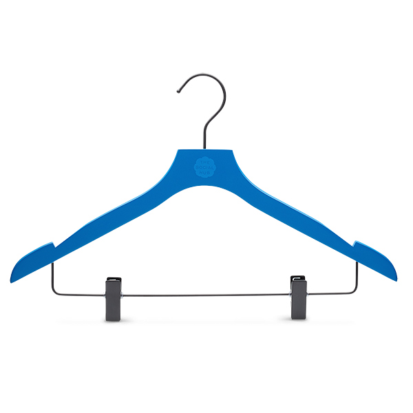 Wooden top hanger with clips made from FSC beechwood with painted finish, black metal parts and printed logo for The Social Hub
