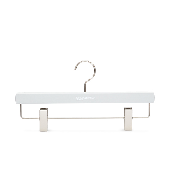 Wooden bottom hanger made from FSC beechwood with painted finish, matte nickel metal parts and printed logo for Karl Lagerfeld