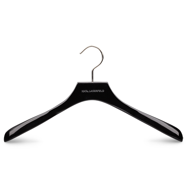 Wooden jacket hanger made from FSC beechwood with matte painted finish, chrome metal parts and laser logo for Karl Lagerfeld