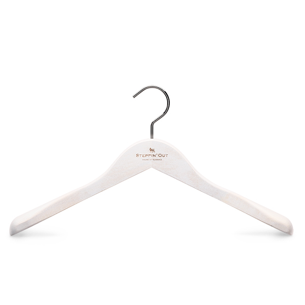 Wooden jacket hanger made from FSC beechwood with white wash finish, gunmetal metal parts and laser logo